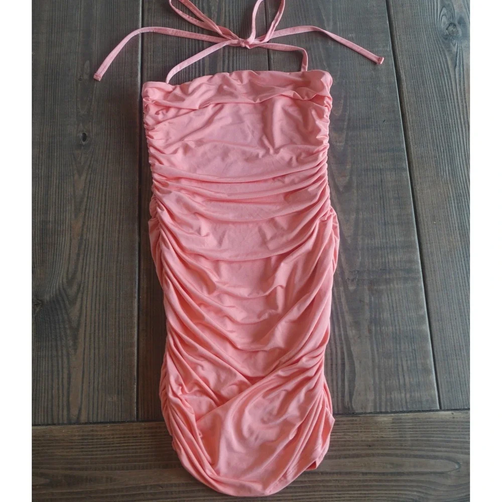 Vintage Y2K Mini‎ Dress Medium Coral Pink Ruched Asymmetric Bodycon Halter HOCO